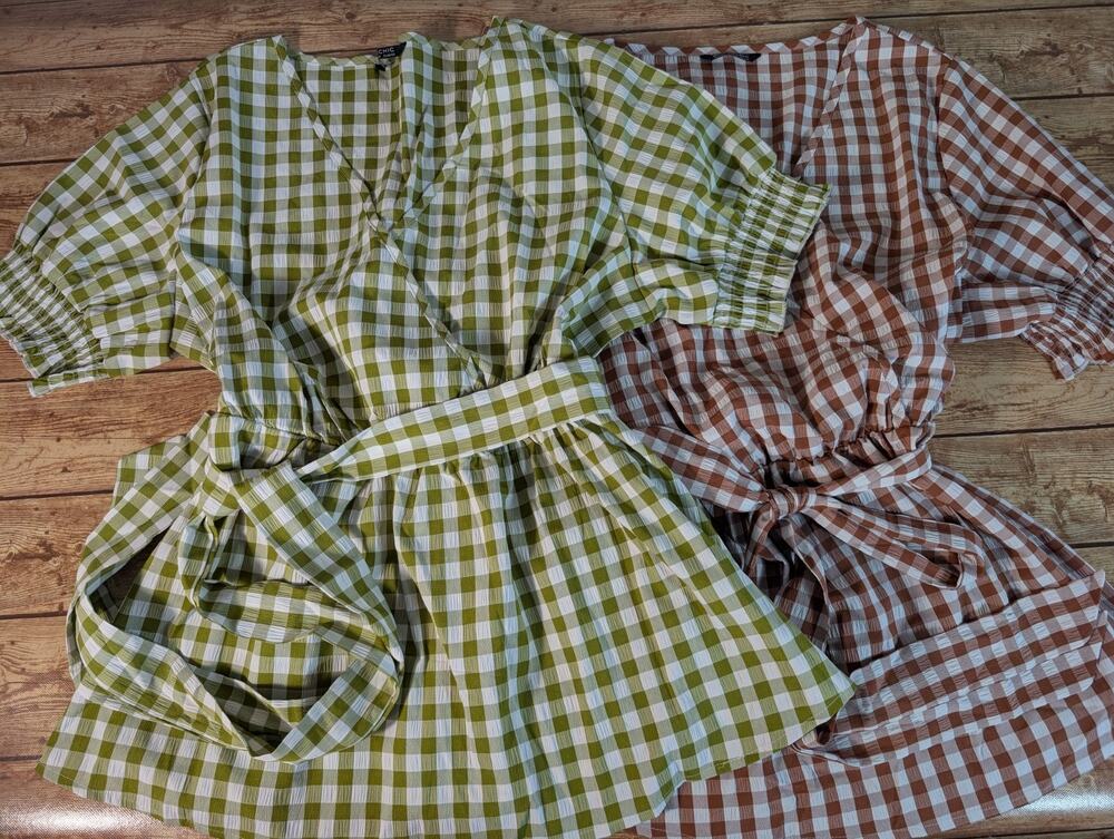 Lot of 2 BloomChic Gingham Blouses Plus Size 14-16 Olive Green Terracotta Tops
